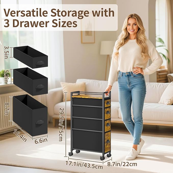 LASZOLA Narrow Cabinet Slim Storage Cart for Bathroom Small Space, Brown | 4 Tiers Skinny Rolling Organizer Shelf with Sturdy Fabric Drawers, Lightweight Mobile on Wheels, Between Washer and Dryer - Image 2