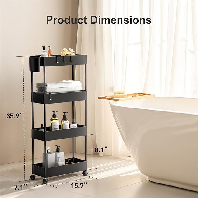 Pipishell 4 Tier Slim Storage Cart with Wheels, Laundry Cart, Black | 7.1 inch Wide - Fits Narrow Spaces, Storage Cup and 6 Hooks, Ventilation Holes, Durable ABS Material, Detachable Wheels - Image 8