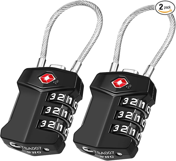 ZHEGE TSA Approved Locks for Luggage Resettable (Black, 2 Pack) | 3 Digit Keyless Cable Locks with Zinc Alloy Body, Easy to Read White Numbers for Suitcase, Backpack, Bag, Toolbox, Gym Locker by ZHEGE