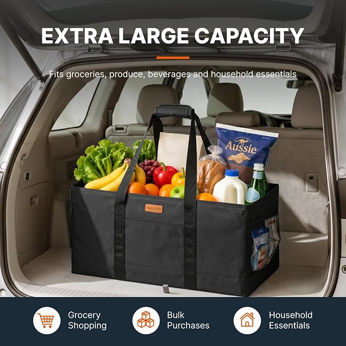 WONDAY Black Foldable Utility Tote Bag, Reusable Grocery Bag | 22x11x13in, holds 50lbs, 600D Oxford fabric with PP board bottom, folds flat, side panels only, not self-standing - Image 3