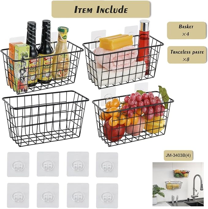 JUNCHU CHERRY 4 Pack Hanging Sorage Basket, Bathroom Basket, Household Goods, with Traceless Tape, no Drilling, for Cabinet Storage, Kitchen, Bathroom, Storage Room,Black - Image 3