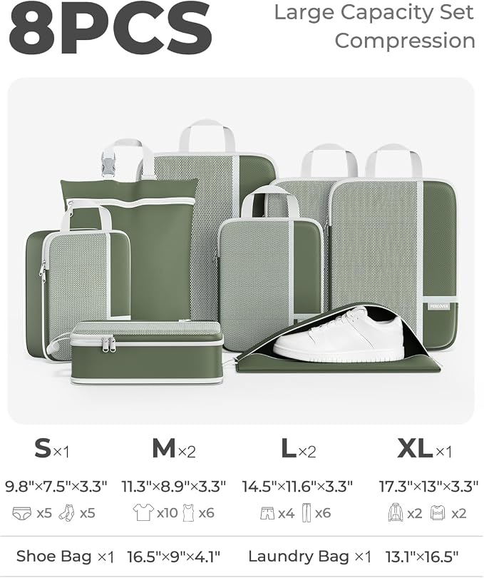 Percover Compression Packing Cubes for Travel, 8-Piece Structured Compression Organizer Set with Laundry Bag & Shoe Bag for Carry-On & Checked Luggage, Green - Image 2