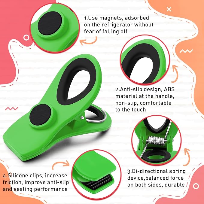 Chip Bag Clips, 12 Pack Magnetic Bag Clips for Refrigerator, Green | Kitchen Clips for Snack and Food, Office, Fridge, Cloth Pins, Garden, Airtight Seal Grip, Easy Open, Strong Hold Design - Image 2