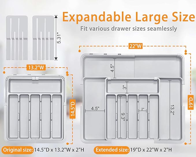 Silverware Drawer Organizer for Kitchen, Adjustable Utensil Drawer Organizer with 2 Knife Block, BPA Free Flatware and Cutlery Holder, Expandable Plastic Storage for Spoons Forks Knives(Grey) - Image 2