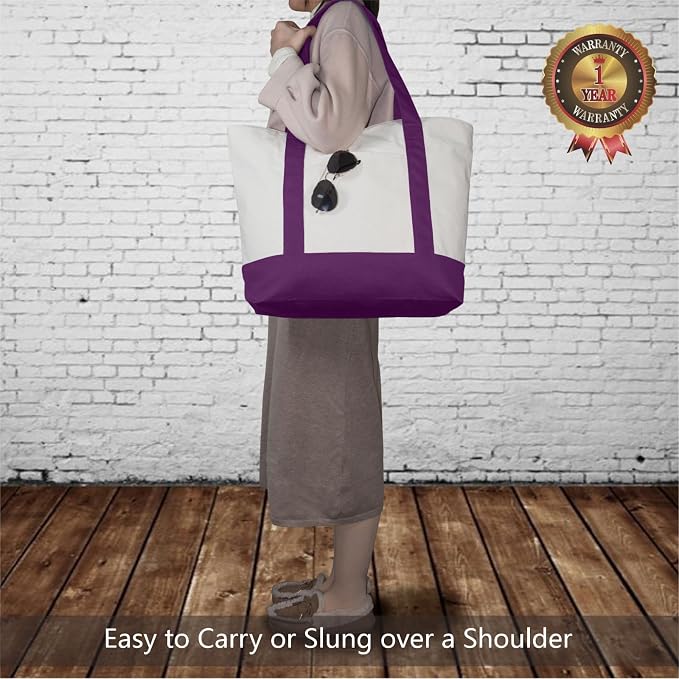 TOPDesign 3-Pack Canvas Tote Bags with an External Pocket, Reusable Grocery Shopping Bags, Top Zipper Closure, Daily Essentials (Purple/Natural) - Image 2