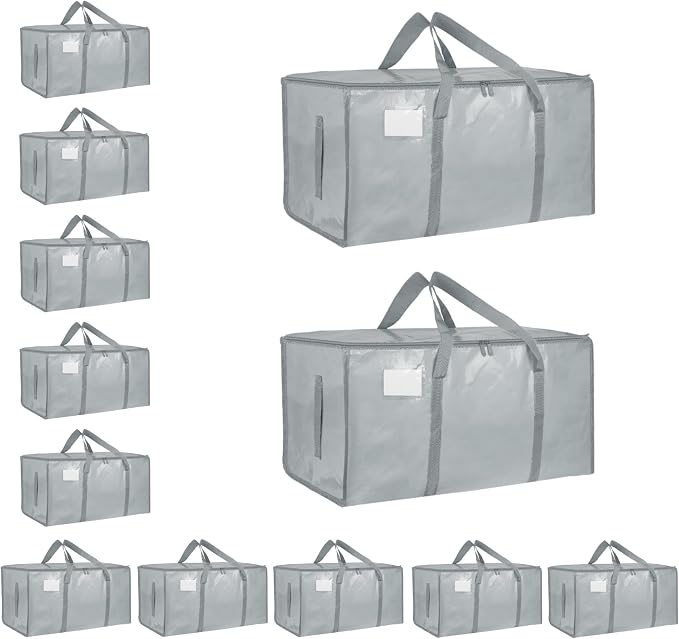 12 Pack-Extra Large Heavy Duty Moving Bags - Waterproof Storage Totes with Handles & Zippers, Foldable for College Dorm, Storage (light gray) by Unknown