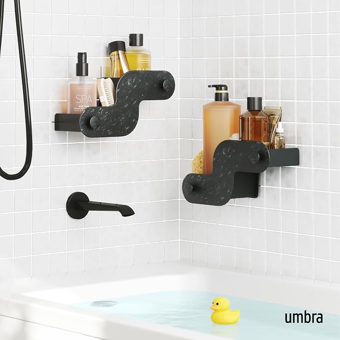 Umbra Nami Shower Caddy, Adhesive No Drill Bathroom, Set of 2, Ocean Black | Waterproof construction, integrated drainage, rust-free, holds 6 lbs - Image 2