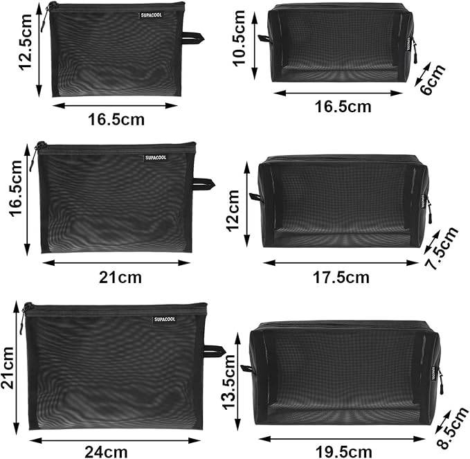 Set of 6 Travel Mesh Makeup Bag, Cosmetic Organizer Pouches with Zipper, Diaper Organizing Pouches, Nylon Toiletries Bag for Women and Men(6pcs, Black) - Image 2