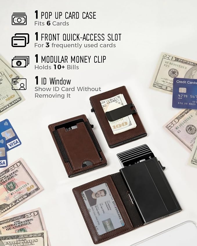 iwantit Slim Wallet for Men Card Holder: Minimalist RFID Blocking Wallet for 8-10 Cards - Smart Pop Up Card Case with Detachable Money Clip - Premium Leather Cardholder, Gift Boxed (Oil Wax Brown) - Image 6