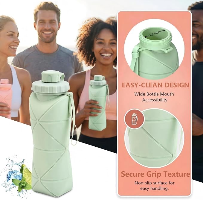 Collapsible Water Bottles 20oz (600ml), BPA-Free Silicone Foldable Portable Lightweight Reusable Water Bottle with Leak-Proof Lid & Lanyard for Outdoor Travel Cycling Gym & Camping - Image 5