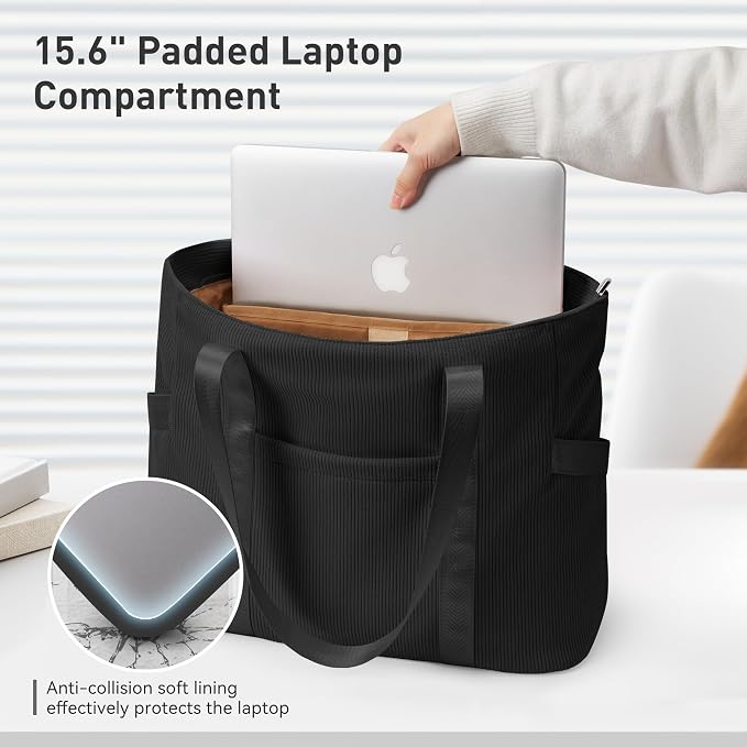 Tote Bag for Women, Casual Hobo Handbags with Compartments | Water Repellent Corduroy Large Capacity Fits 15.6" Laptop Zipper Closure for Travel Work School - Image 7