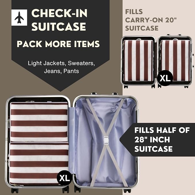 Extra Large Compression Packing Cubes for Checked Luggage, Lightweight Suitcase Organizers & Space Saver Bags - Travel Cubes for Packing - 2pc Set, X-Large - Brown Cabana Stripe - Image 3