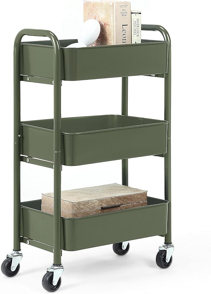SunnyPoint 3-Tier Delicate Compact Rolling Metal Storage Organizer - Mobile Utility Cart Kitchen/Under Desk Cart with Caster Wheels - Army (15.35" X 10.24" X 26.8"H) by SunnyPoint