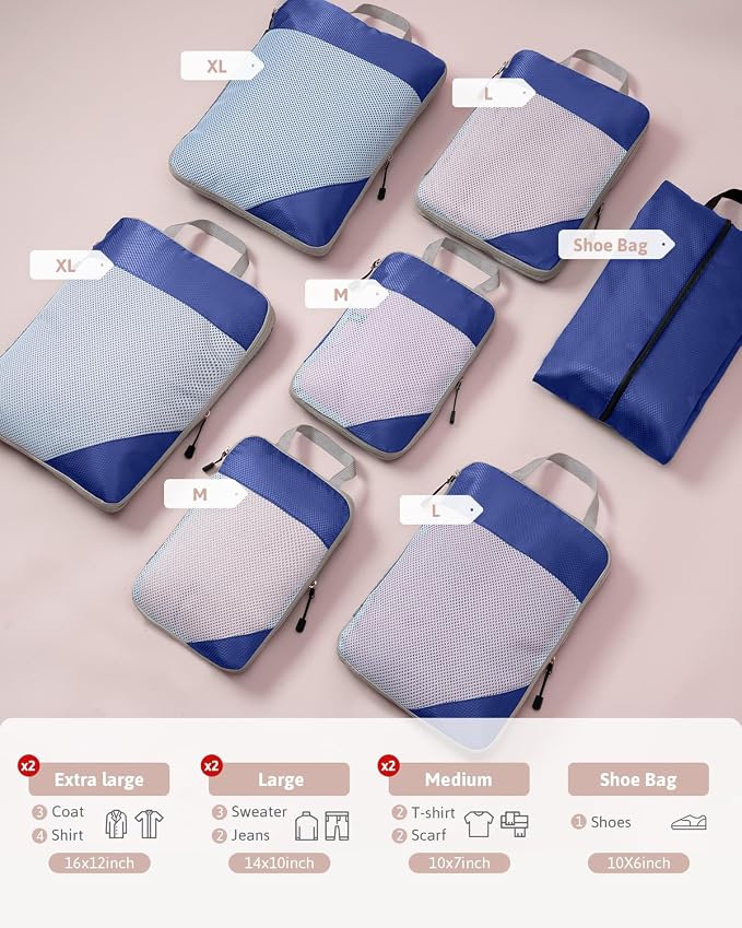 Meowoo 7 Set Compression Packing Cubes for Travel, Durable Ripstop Mesh Suitcase Organizer with Shoe Bag, Ultralight & Expandable Space Saver Travel Cubes - Image 2