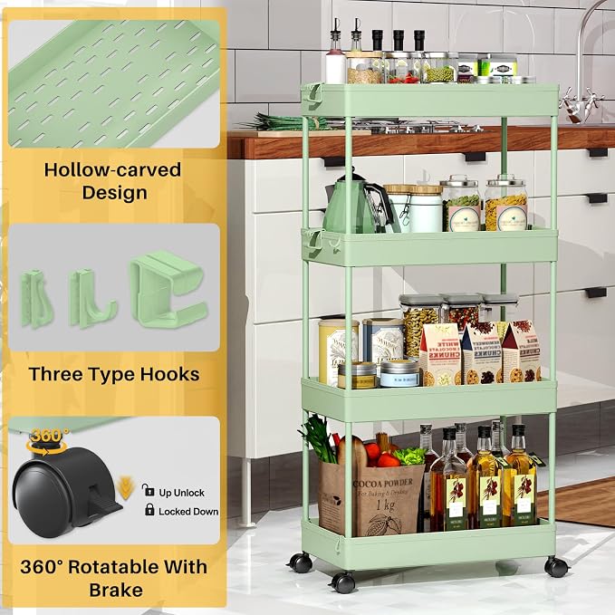 4 Tier Rolling Cart with Wheels, Storage Craft Art Trolley Organizer Serving, 3 Hanging Baskets Easy Assembly, for Office, Living Room, Kitchen - Image 3