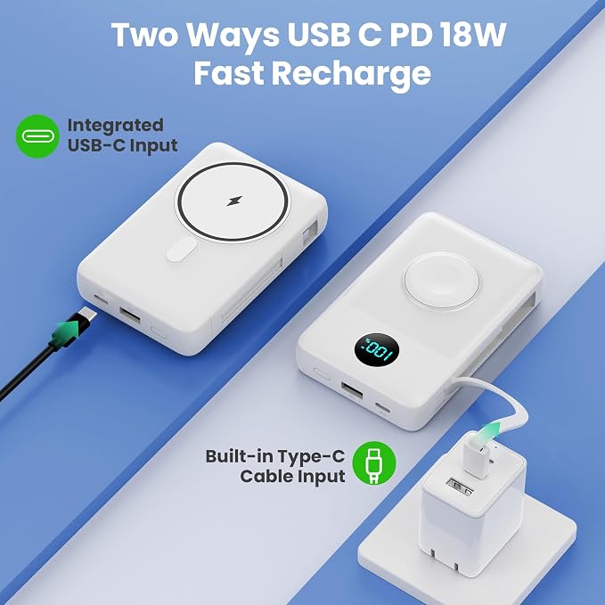 Magnetic Portable Charger 10800mAh with Built-in Cables,Wireless Power Bank for Magsafe,25W PD Fast Charging USB-C Travel Essentials Battery Pack for iPhone 17/16/15/14/13/12 Series,Apple Watch-White - Image 6