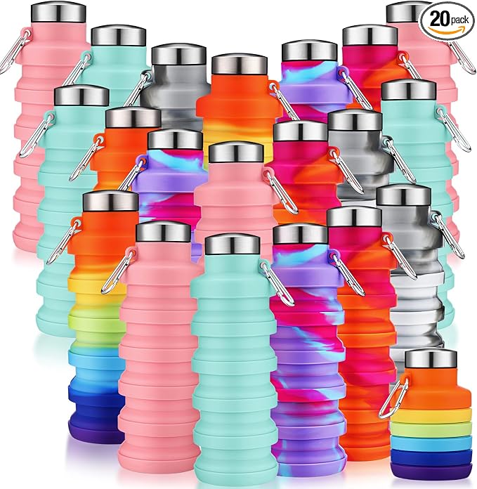 Sunnyray 20 Pack Collapsible Water Bottles Bulk Foldable Water Bottles 17oz Silicone Portable Leak Proof Reusable Sports with Clip for Travel Hiking Camping Outdoor (Tie-dye) by Sunnyray