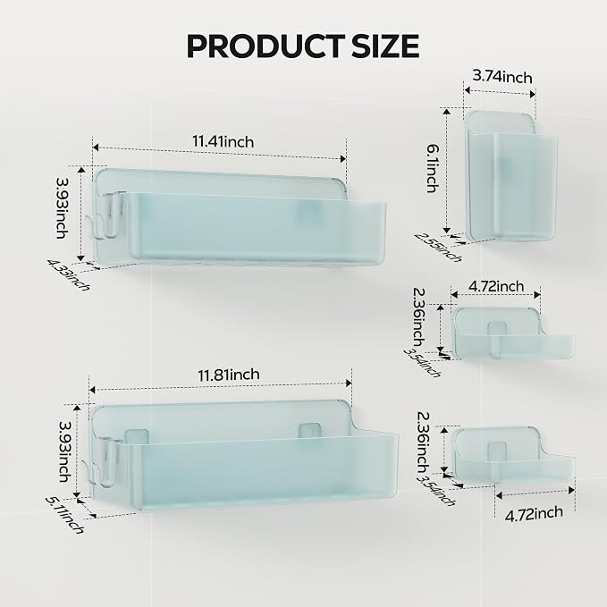 Nieifi Adhesive Shower Shelves, Blue, 5 Pieces | Rustproof ABS, Large Capacity, Removable Design, Easy-Clean, No Drilling Shower Organizer for Bathroom Storage & Home Decor - Image 2