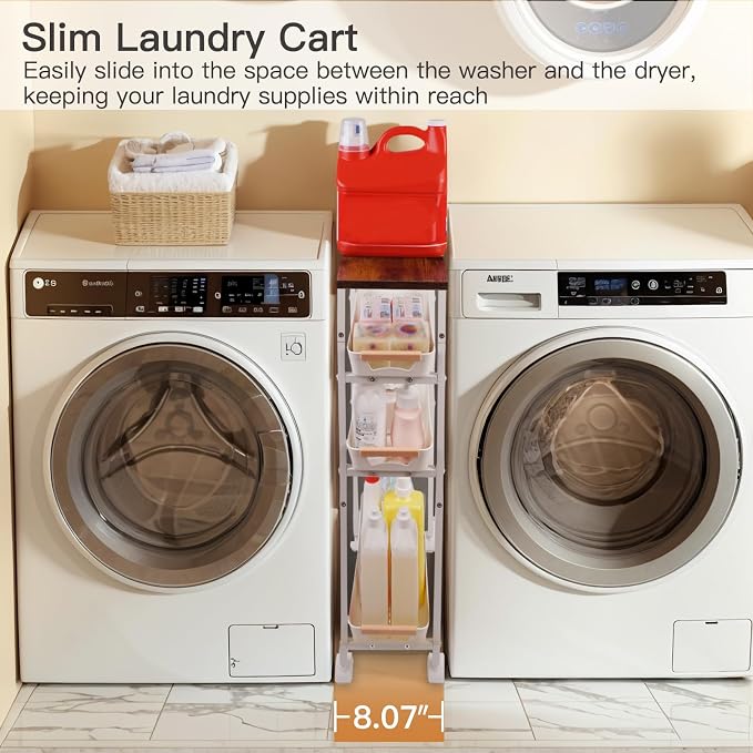 5 Tier Slim Storage Cart Metal Gap Filler with Wood Top White | Slim rolling cart fits 8" laundry gaps. Features a solid wood top for heavy detergents and breathable PP mesh drawers - Image 2