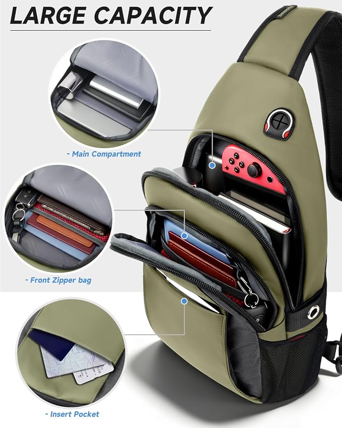 Tactical Sling Bag for Men & Women, Water Resistant Anti-Theft Crossbody Bag Mini Backpack with Water Bottle Pocket, Travel Hiking Chest Pack Fits 11 inch iPad, Switch 2, Army Green | Mens Crossbody Bag - Image 3