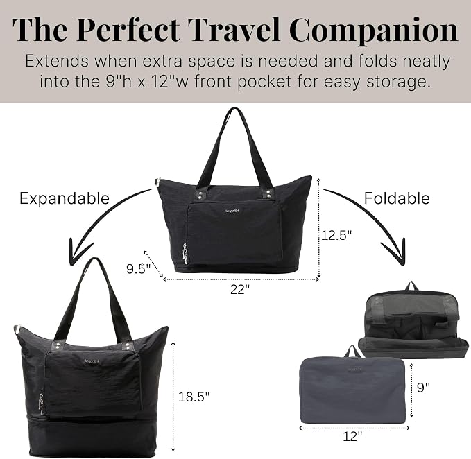 Baggallini Carryall Expandable Lightweight Travel Tote 22" Packable Folding Compact Nylon Washable Weekender w/Luggage Sleeve - Image 3