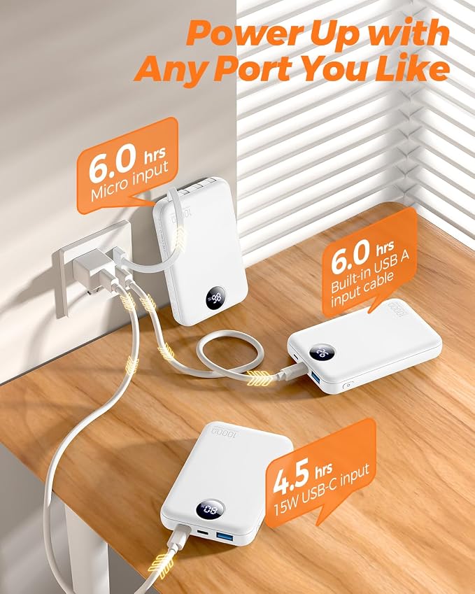 Portable Charger 10000mAh with 4 Built-in Cables 40% Smaller | Power Bank Fast Charging Battery Pack,LED Display Compact with Travel Charger for iPhone Other Devices-White - Image 7