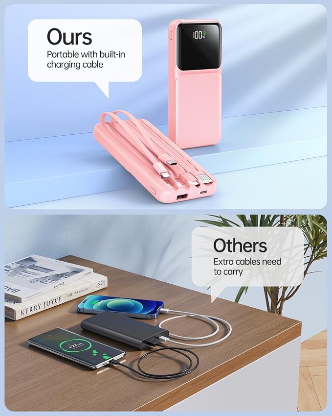 Portable Charger with Built in Cable 20000mAh Fast Charging | Power Bank USB C Slim 22.5W LED Display Battery Pack 5 Outputs & 3 Inputs for Travel Essentials iPhone Samsung Phones Pink - Image 7