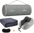 urnexttour Travel Pillow and Blanket Set Neck Pillow Airplane Memory Grey | 43x60 Inch Plane Blanket, Traveling Compact Storage Bag, Eye Mask, and Earplugs for Ultimate Flight Comfort, Women and Men by Urnexttour