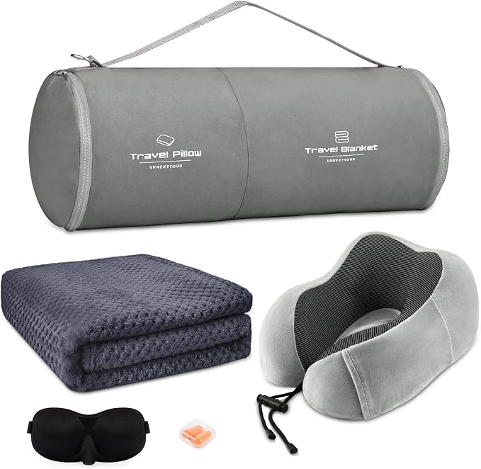urnexttour Travel Pillow and Blanket Set Neck Pillow Airplane Memory Grey | 43x60 Inch Plane Blanket, Traveling Compact Storage Bag, Eye Mask, and Earplugs for Ultimate Flight Comfort, Women and Men by Urnexttour