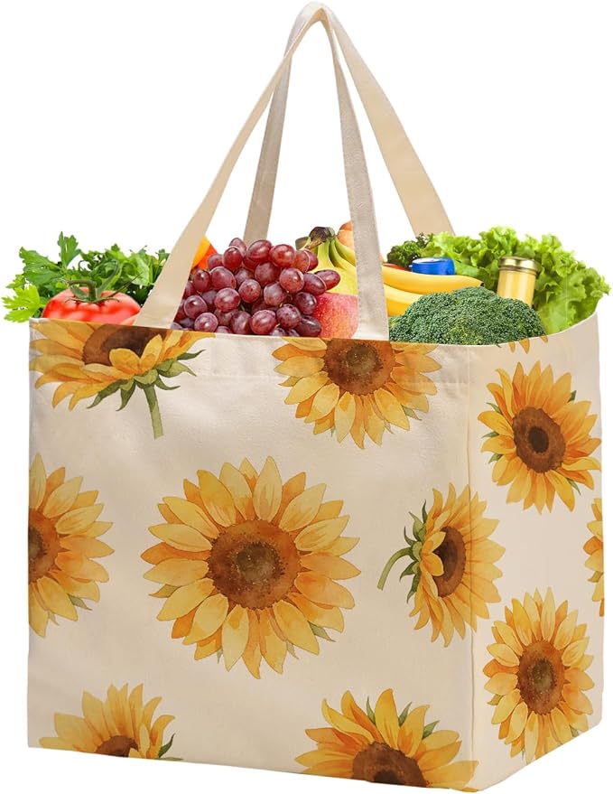 Aesthetic Canvas Reusable Grocery Bags Heavy Duty, 8.3 gal Foldable Large Tote Bag with Handles, Holds 60 lbs & Washable Eco-friendly Bags with 5 Pockets, Beige with a print 1 Bags - Image 8