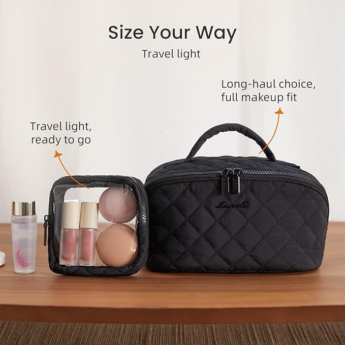 LOVEVOOK Travel Makeup Bag for Women, 2Pcs Puffer Waterproof Cosmetic Organizer, Large Capacity Pouch Open Flat Small Toiletry Bag with Brush Compartment & Handle (Black, Large) - Image 6