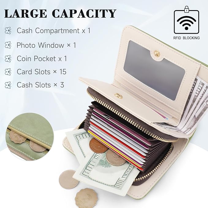 KITEVIUN Women RFID Blocking Small Bifold Wallet, Compact Cash Clutch with Zipper Coin Pocket, Glittery Butterfly Design, Credit Card Holder, Travel Purse with Tassel GREEN - Image 4