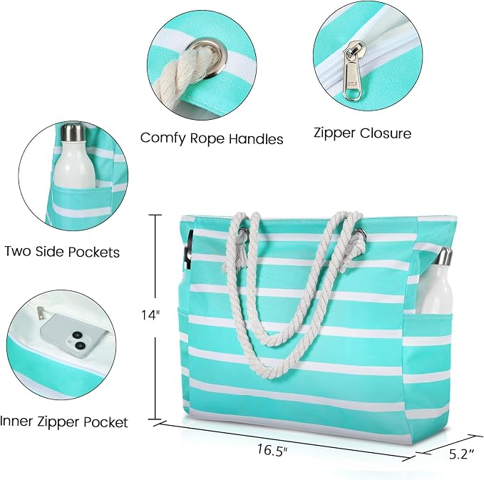Clothirily Beach Bag for Women, Large Beach Tote Bag Waterproof with Zipper | Large Capacity Swim Pool Bag, Inner Pockets, Sandproof Foldable Beach Tote for Travel Essentials - Image 4