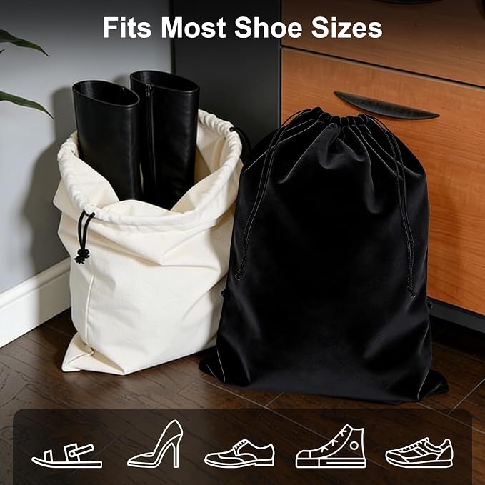 4 Pack Shoe Bags for Travel, Flannel Drawstring Travel Shoe Bag,Black Beige | Large Size 18.3*13.78 inch,Soft Flannel Material,Washable & Reusable,Shoe Bag for Luggage - Image 5
