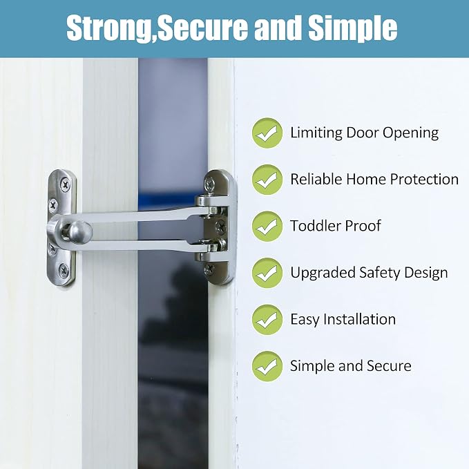Door Lock Latch Swing Bar Door Guard Latch Home Hotel Lock Silver | SUS-304 Stainless Steel Door Chain Lock Gate Reinforcement Swing Latch for Hinged Swing-in Front & Inside Door Fence Security - Image 3