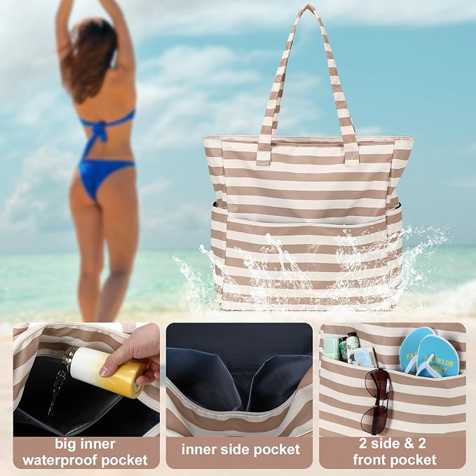 LEDAOU Large Beach Bag for Women, Waterproof Sandproof Tote Bag with Zipper | 36L Pool and Swim bag with Zipper, Wet/Dry pocket and 7 Pockets for Beach Days, Cruises, Vacations and Family travel - Image 6
