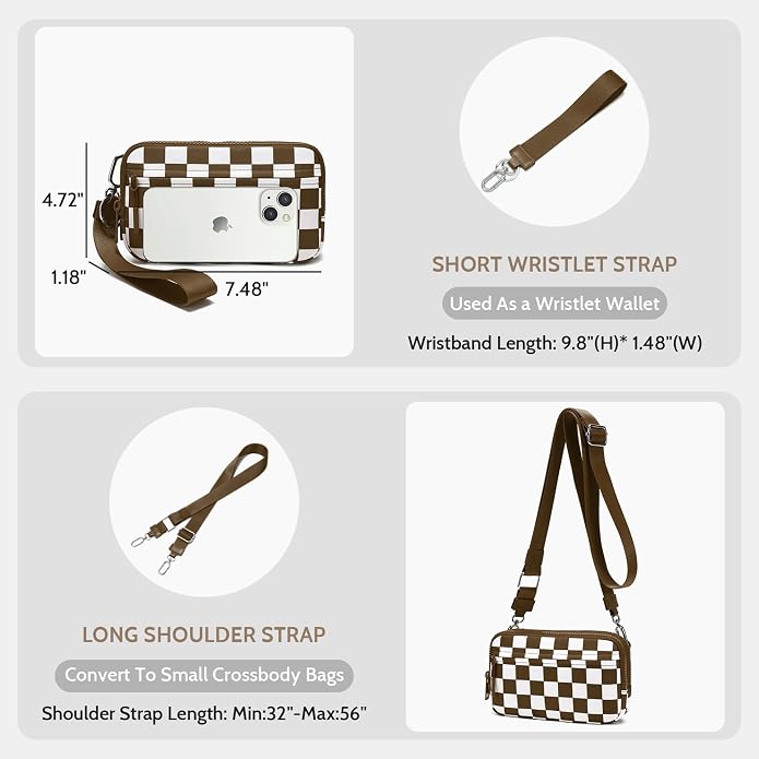 FODOKO Wristlet wallets for Women RFID crossbody bags with 4 Zippers | Checkered quilted nylon with credit card slots, cell phone organizer, and coin purse for travel and everyday carry - Image 5
