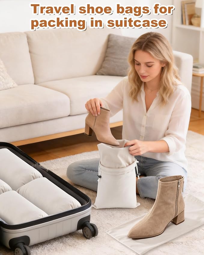 6 Pcs Single Shoe Bags for Travel, Dust Velvet Bags, Beige, 17.3x8.6 Inch | Washable & Reusable Travel Shoe Bags, Dustproof Shoe Bags with Drawstring Closure, Suitable for Travel, Home Storage - Image 5