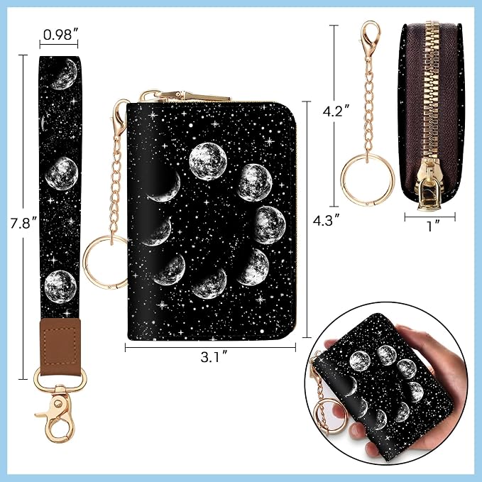 Blusabaca Women Credit Card Holder, Small RFID Wallet with Wristlet Strap | Moon, Removable Keychain, Case Zipper, PU Leather, Cash Coin Pocket, Business Purse with Key Lanyard, Ladies Female Gift - Image 6