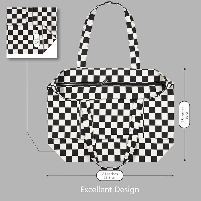 TOPDesign 1-Pack Canvas Tote Bag with an External Pocket, Reusable Grocery Shopping Bag, Top Zipper Closure, Daily Essentials (Checkerboard) - Image 5