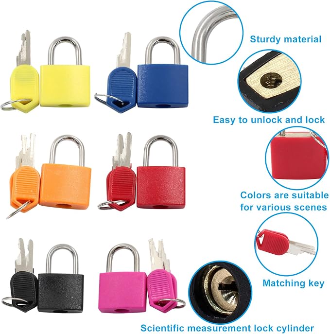 Waziaqoc 12 Pcs Luggage Locks with Keys | Small Suitcase Padlock, Mini Metal Padlock, For Travel Bags, School Gym Locker & Toolbox - Image 4