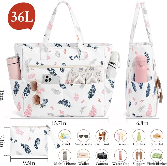 Large Beach Bags for Women, Waterproof Sandproof Beach Tote Bags Swim Pool Bags with Zipper & Wet Pocket Family - Image 6