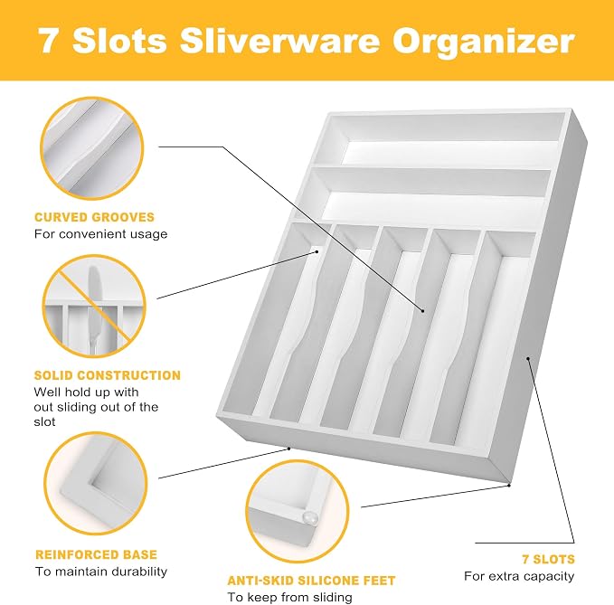Kitchen Bamboo Silverware Organizer, Kitchen Drawer Organizer - Utensil Holder and Cutlery Tray with Grooved Drawer Dividers for Flatware 7 Slot, White - Image 5