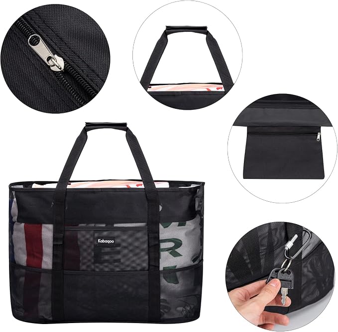 KABAQOO Mesh Beach Bag, Extra Large Beach Bags with 9 Pockets & Zipper Waterproof Lightweight Beach Tote for Beach/Pool Trip - Image 4