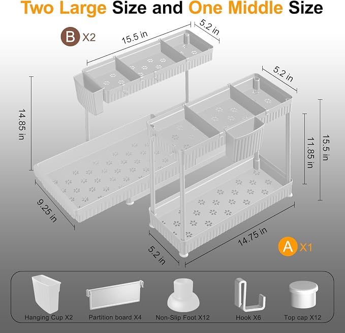 3-Pack 2-Tier L-Shaped Under Sink Organizers with Sliding Drawers | Multi-use kitchen & bathroom storage, 14.85 inch white cabinet organizer, space-saving sliding drawer design. - Image 6