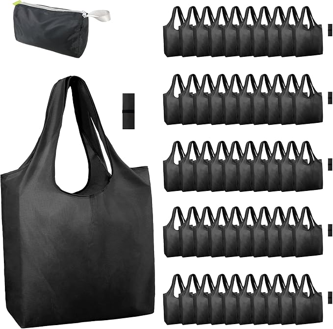 BeeGreen Black Reusable Grocery Bags Wholesale Dark Reusable Kitchen Bags Bulk Foldable-Machine Washable with Zipper Storage Pouch 50 Packs by BeeGreen