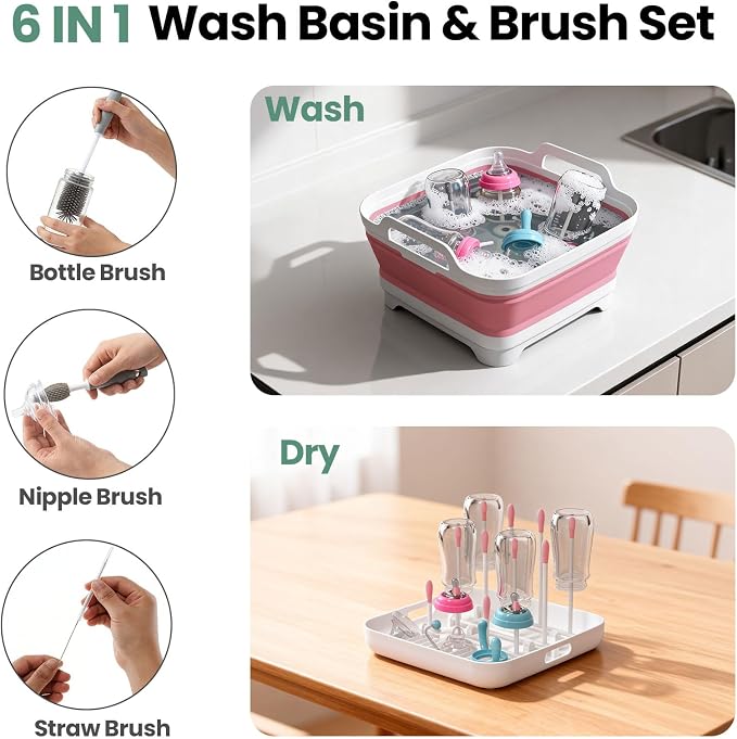 Volnamal Collapsible Wash Basin with Drying Rack & Drain Plug (Pink) | Portable 2.4 Gal Dish Tub, Foldable Basin for Baby Bottle, Vegetable, Camping Sink, Kitchen, RV, Camp, Outdoor Space-Saving - Image 3