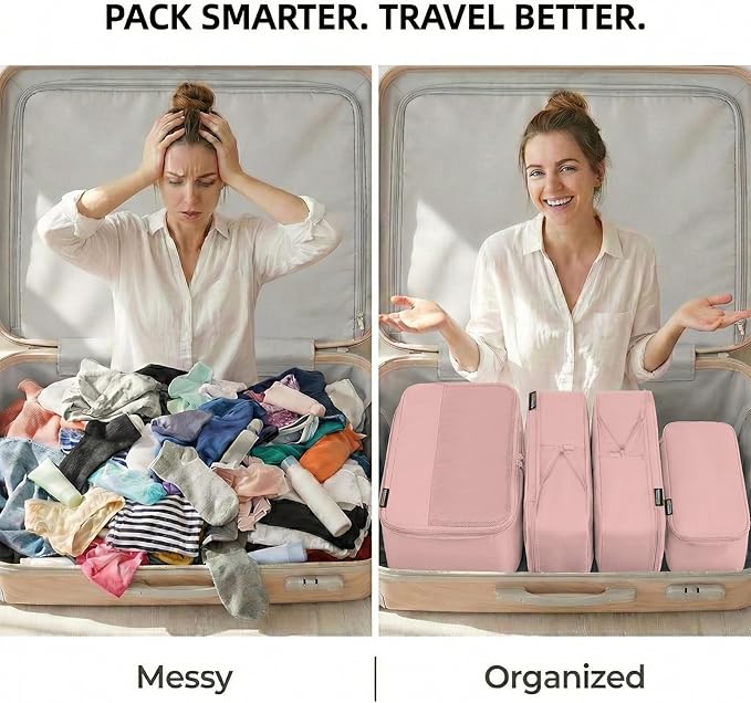 4 Piece Compression Packing Cubes for 3–7 Day Travel, Dusty Pink | Wrinkle-Resistant Memory Fabric, Breathable Mesh Panel, Double-Zipper, Small to Large Size Bag, Smart Organization - Image 5