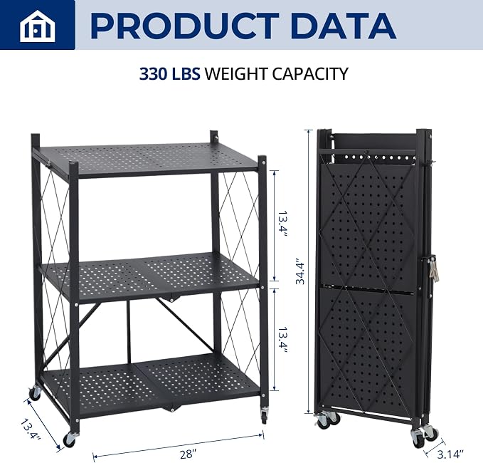 3 Tier Foldable Storage Shelves with Wheels, Metal Collapsible Organization Storage Rack, No Assembly Folding Bookshelf, Rolling Storage Rack for Kitchen, Bedroom, Pantry, Garage, Display, Black - Image 3