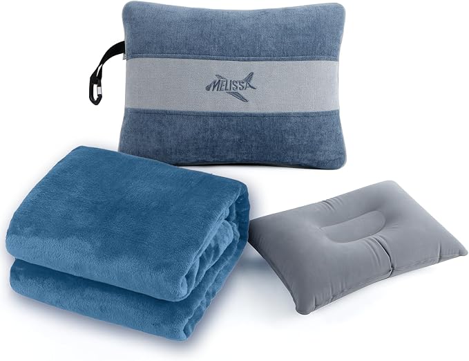 Melissa Large Soft Travel Blanket and Inflatable Pillow Set | Size - 69“ x 43.3”, Lightweight, Compact & Washable for Backpacking, Hiking, Airplane, Car, Office, Camping (Blue) by Melissa